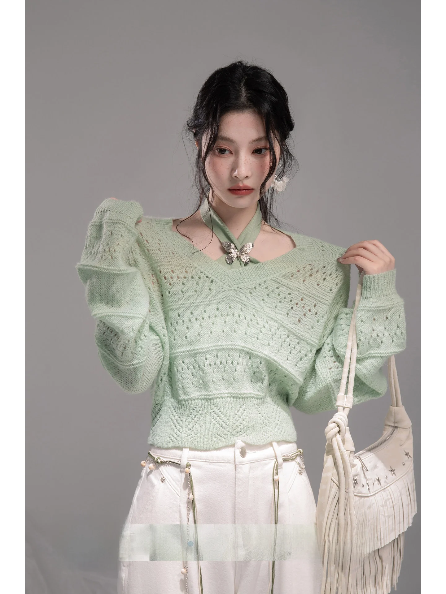 

Breathable Early Spring Hollow out Knitted Vest Set Women's Casual Sle Long Sve Ne Hanging Two-Piece Ensemble