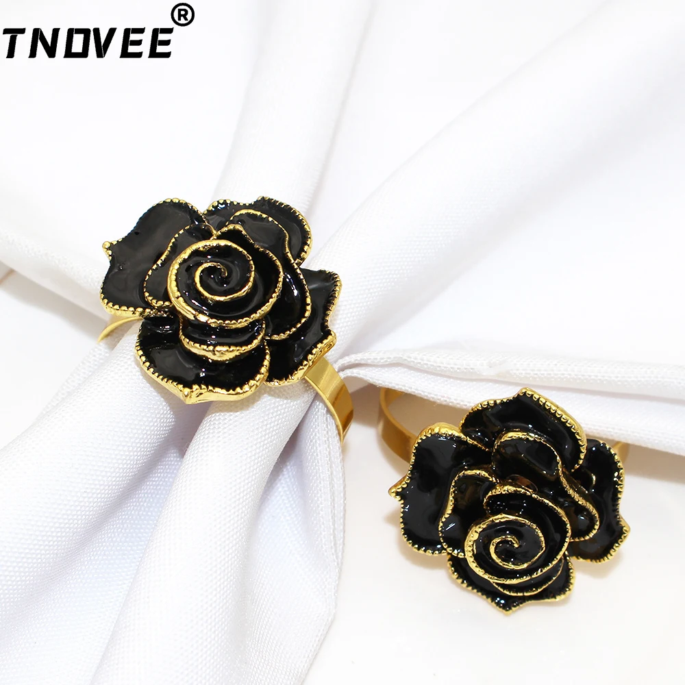 4Pcs Halloween Decor Black Rose Napkin Ring Holder for Halloween Holiday Wedding Bridal Shower Home Table Decorations ERF73