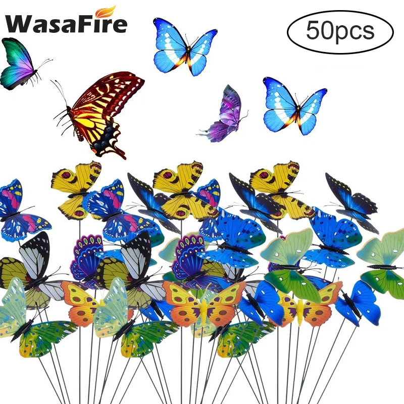 50PCS Double Wing Butterfly Garden Yard Planter Colorful Whimsical Butterfly Stakes Decoracion Outdoor Decor Gardening Decor