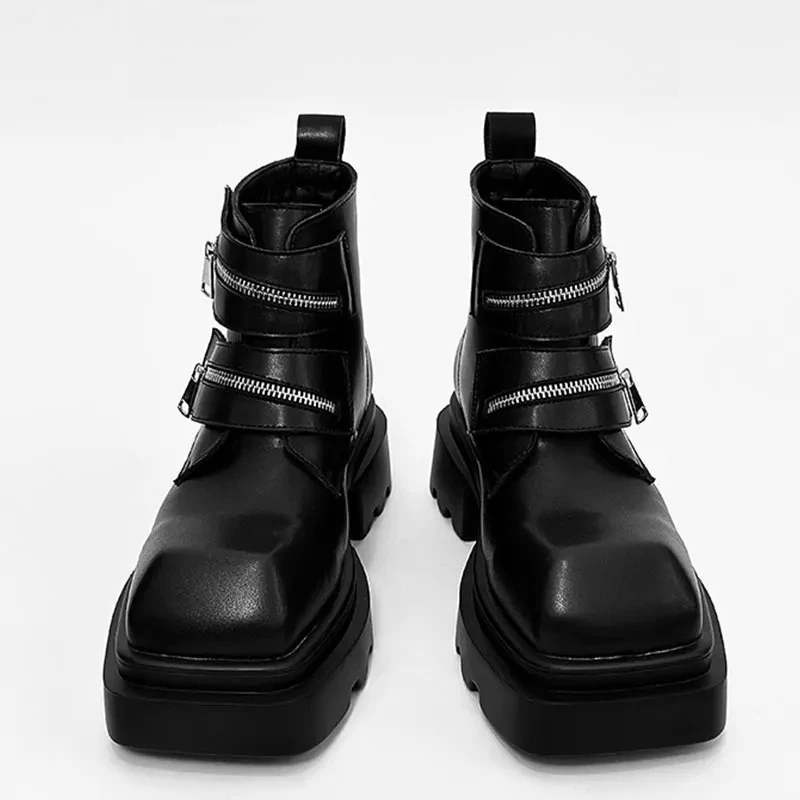 Men's Square Toe Platform Ankle Boots Fashion Zipper Strap Block Heel Leather Short Boots Gothic Punk Motorcycle Combat Boots