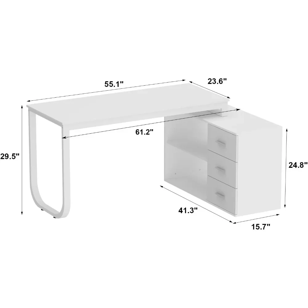 Office Computer Desk Corner Desk with 3 Drawers and 2 Shelves, 55 Inch Large L-Shaped Study Writing Table with Storage Cabinet