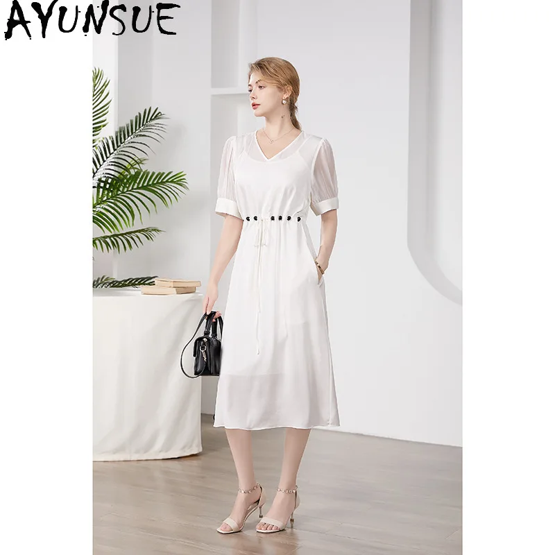 

AYUNSUE 92.3% Mulberry Silk Dress for Women Elegant Women's Dresses Summer Clothes High Waist Dress Vestidos De Mujer 2024