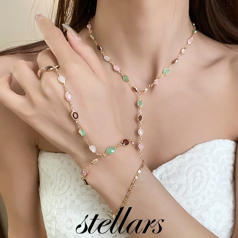 

Metal Resin Oval Rice-Grain Patchwork Necklace & Bracelet Set Vintage Palace Style Light Luxury High-End Choker Jewelry Piece