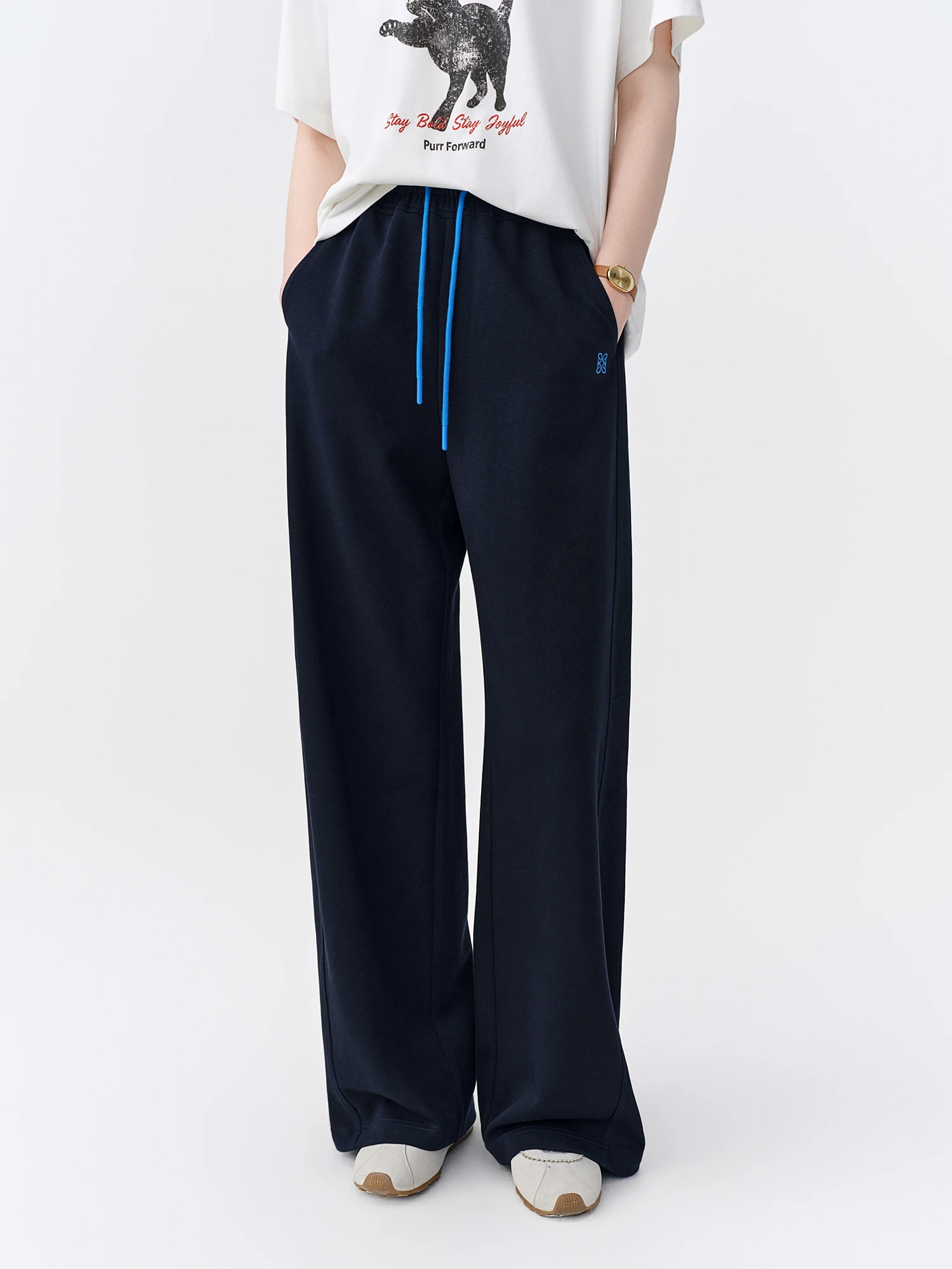 DUSHU 2026 Autumn New Women's Color-Block Drawstring Wide-Leg Pants Slimming Straight-Leg Trousers Available in Multiple Sizes