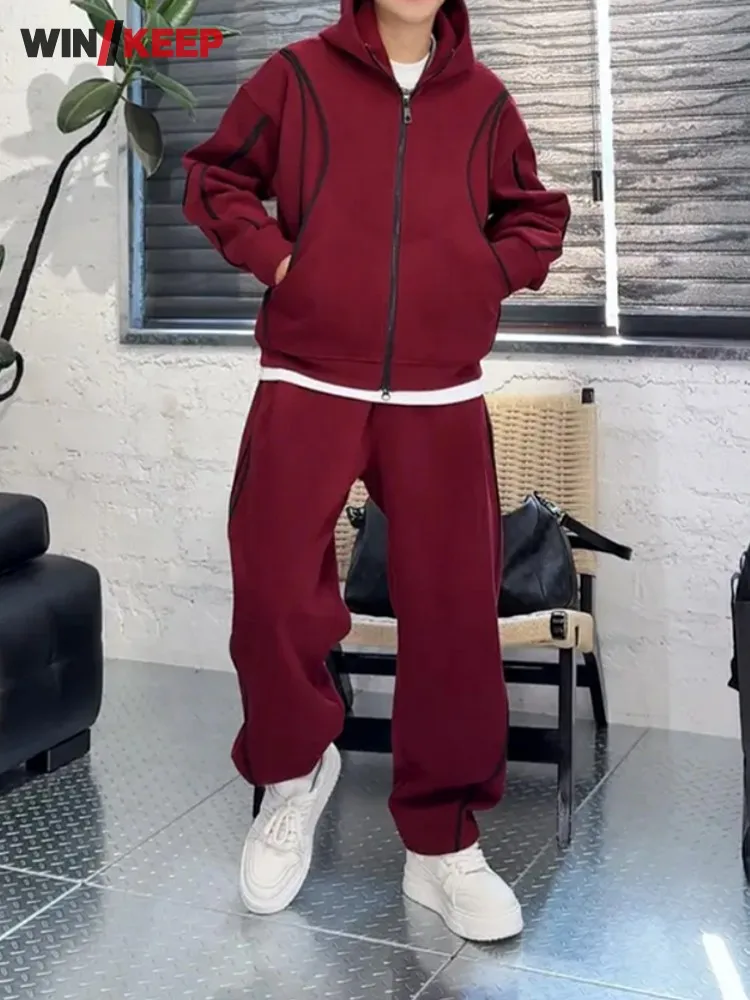 Outdoor Male Women Hooded Zipper Patchwork Running Set Sweatshirts Top Joggers Pants Two Piece Set Training Sportswear Loose Fit
