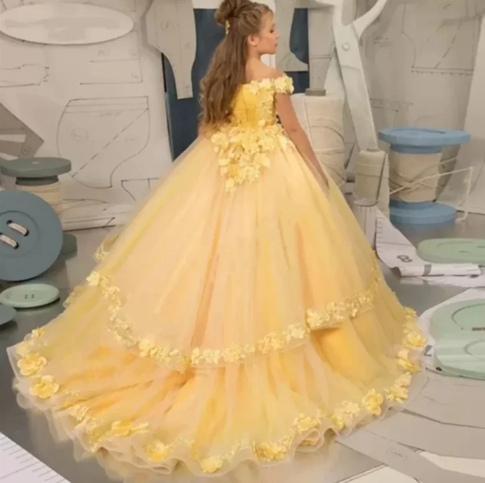 Customize Champagne Flower Girl Dresses Beading Appliqued Pageant Birthday For Girls First Communion Dresses Kids Prom Dresses