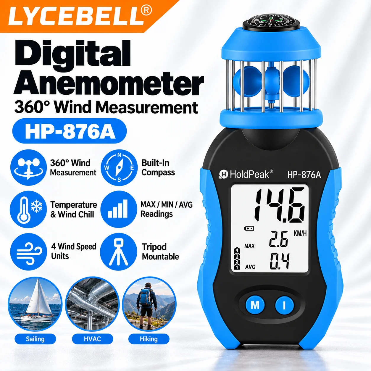 Cup Anemometer for Drone Flying and Surfing, 0.7-42m/s Wind Speed Meter with 4 Units, Compass and MAX/AVG Display, HoldPeak 876A