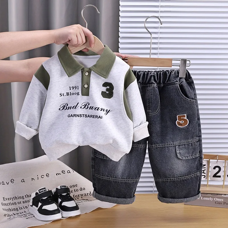 Toddler Boys Polo Sweatshirt 2PCS Set Autumn Patchwork Lapel Letter Print Tops Jeans Kids Casual Sports Outfit Children Clothing