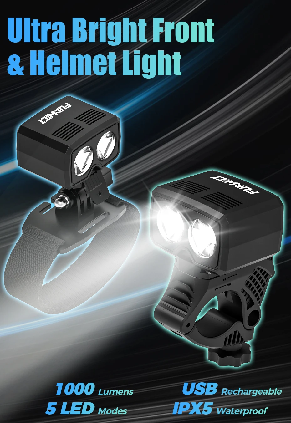 Faro Anteriore Per Bici Super Luminoso 1000 Lumen - Ricaricabile USB, Impermeabile IP65, Display LED, 13 Modalità, Batteria 7200mAh