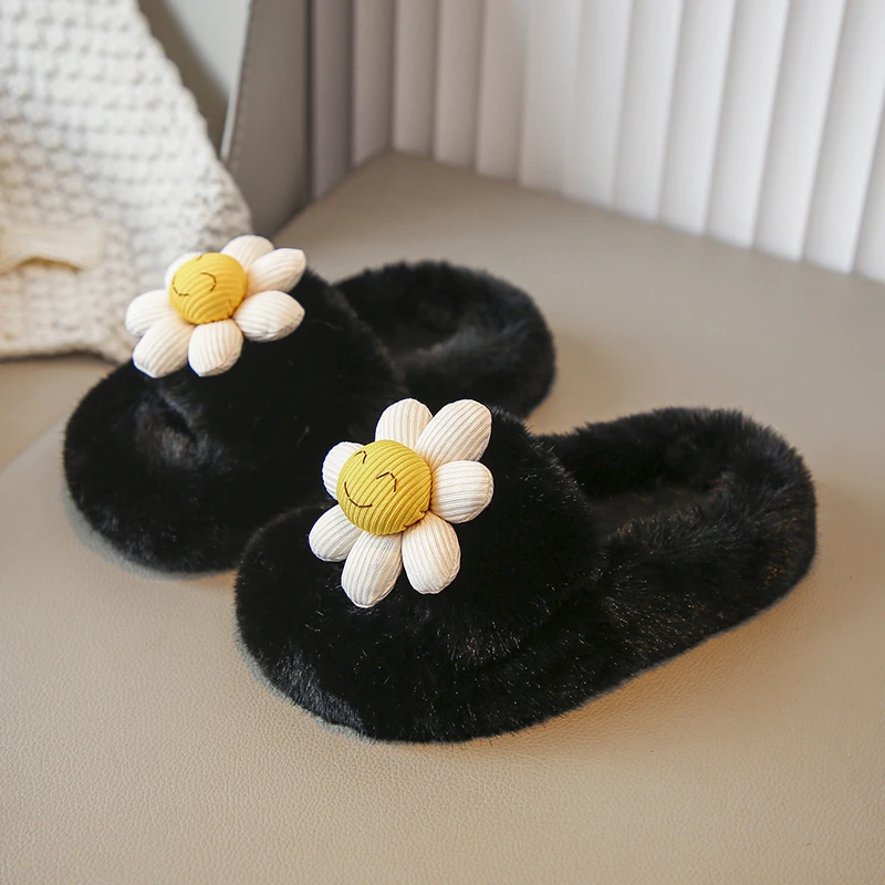 Casual Soft Kids Slippers Winter Outdoor Anti Slip Thick Open Toe Flower Sandals For Children Comfortable Warm Plush Girls Shoes