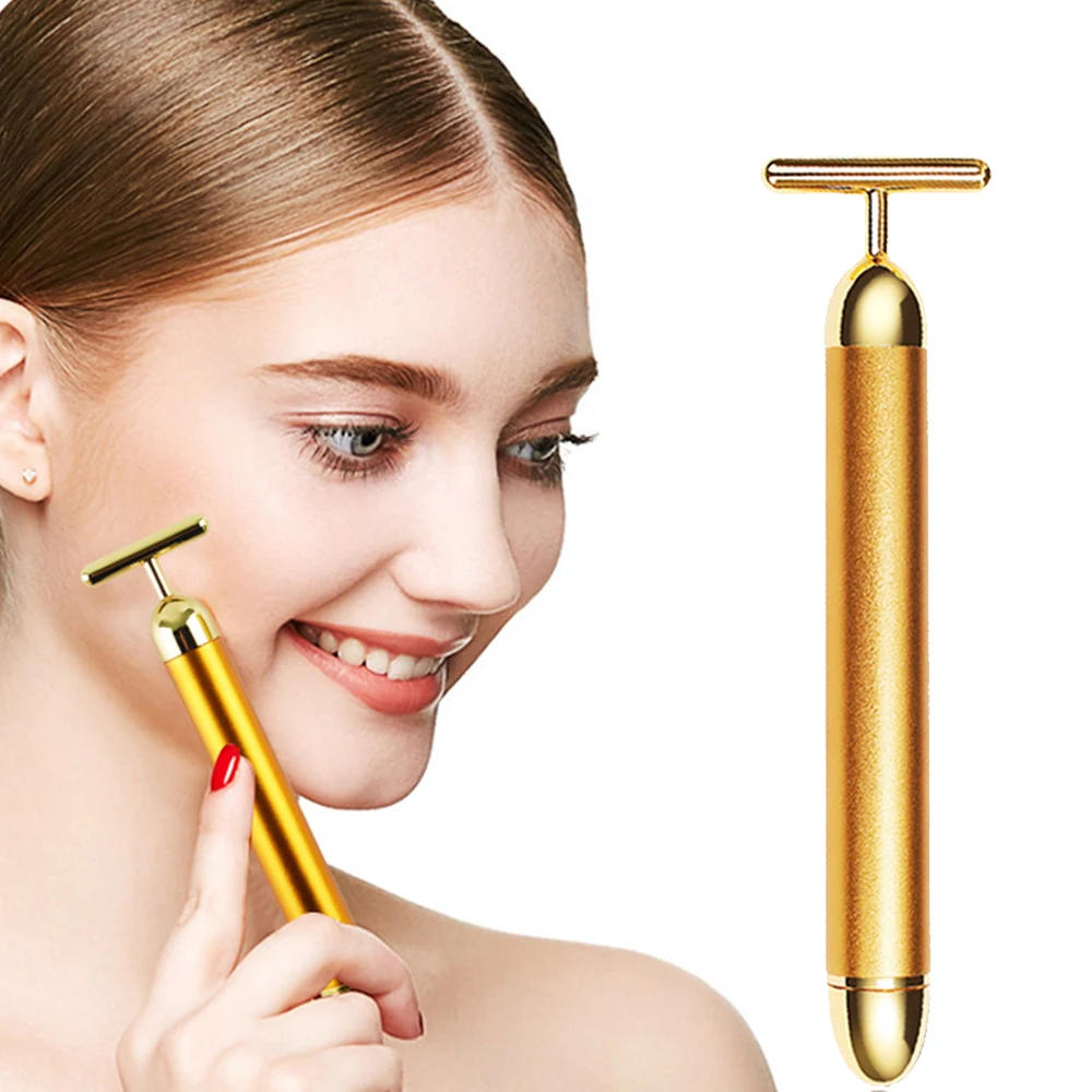 Rodillo Facial en forma de T, masajeador reafirmante de pulso de oro de 24K, tratamiento de arrugas, estiramiento de la piel, palo de belleza de energía