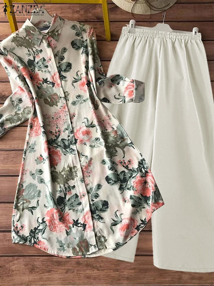 

ZANZEA Vintage Long Sleeve Floral Blouses Wide Leg Long Pants Women Pant Sets OL Work Loose Matching Sets Two-piece Outfits