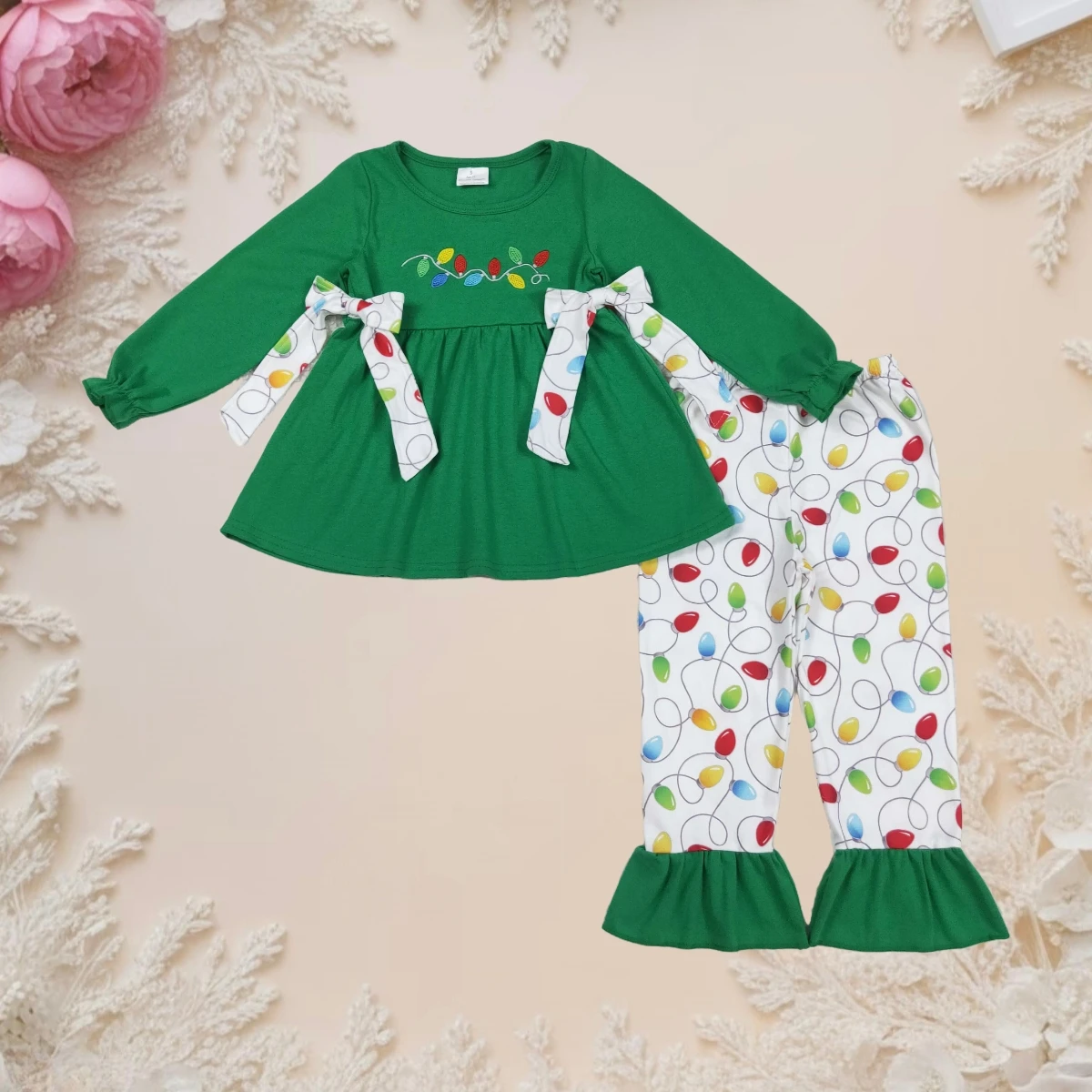 

Christmas Toddler Girl Outfit Dark Green Embroidery Lights Bow Tunic Top with Waist Ruffle Hem Pants Baby Kids Clothing Hot Sale
