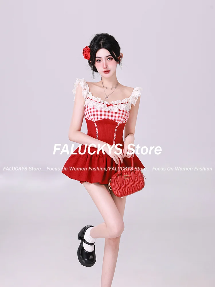 Summer Fashion Sweet 2 Piece Set Women Kawaii Square Neck Lace Plaid Patchwork Tops + Cute High Waist Mini Skirt Female Chothing