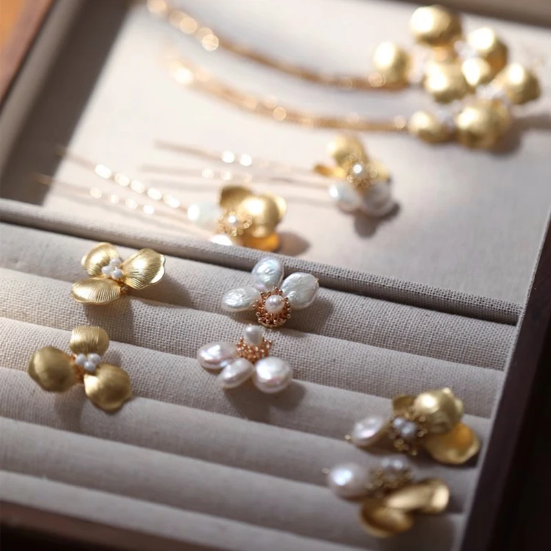 

Ins Copper Flower Wedding Bridal Earrings Gold Color Pearls Jewelry Women Drop Earring