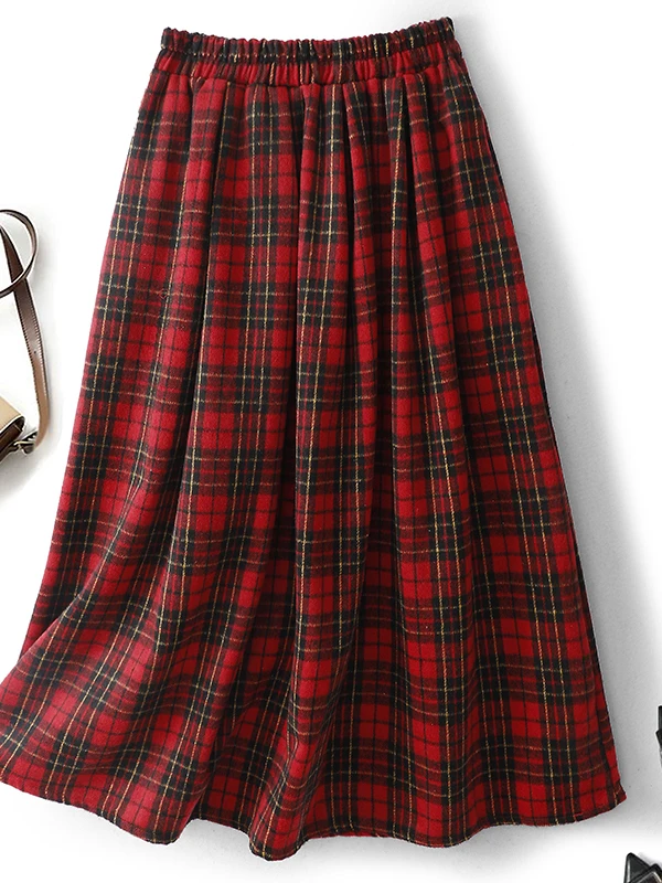 

High Waist A-Line Midi Skirt for plus Size Women Casual Commute Style Plaid Pleated Loose Fit Design Korean Japanese High End