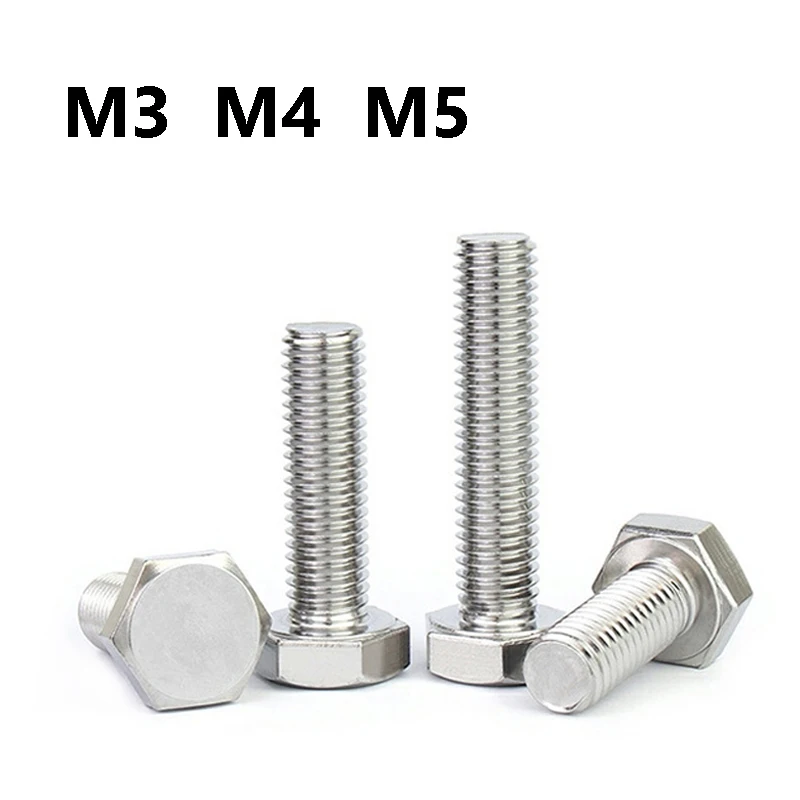 M3 M4 M5 Full Thread Hexagon Head Screw Bolts 304 Stainless Steel Metric Thread External Hex Screws
