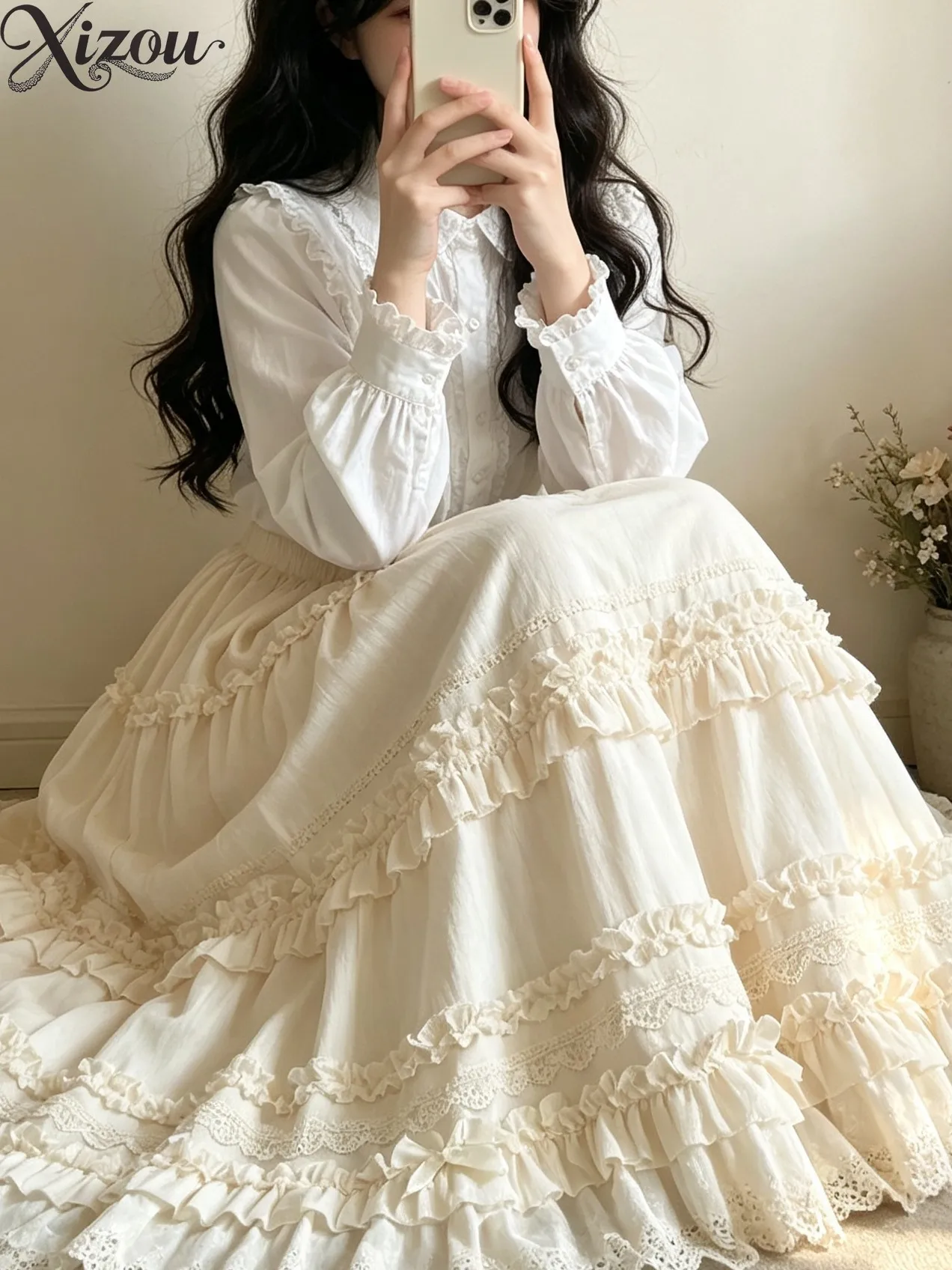 Women White Multi Ruffle Tier Long Skirt Eyelet Lace Bow Elastic Waist Big Swing Lolita Underskirt Mix Match Cake Maxi Skirts
