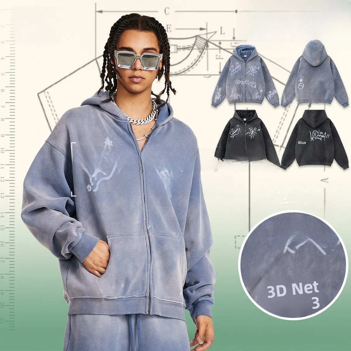 

Мужская толстовка на молнии с капюшоном и флисовой подкладкой, свободного кроя, осенне-зимняя, с ручной росписью, принтом и рисунком