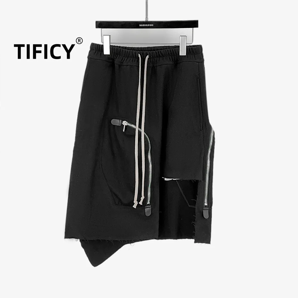 TIFICY High Street Women's Style | 24 Autumn/Winter RO British Style Irregular Zipper Cut Drawstring Half Body Black Short Skirt