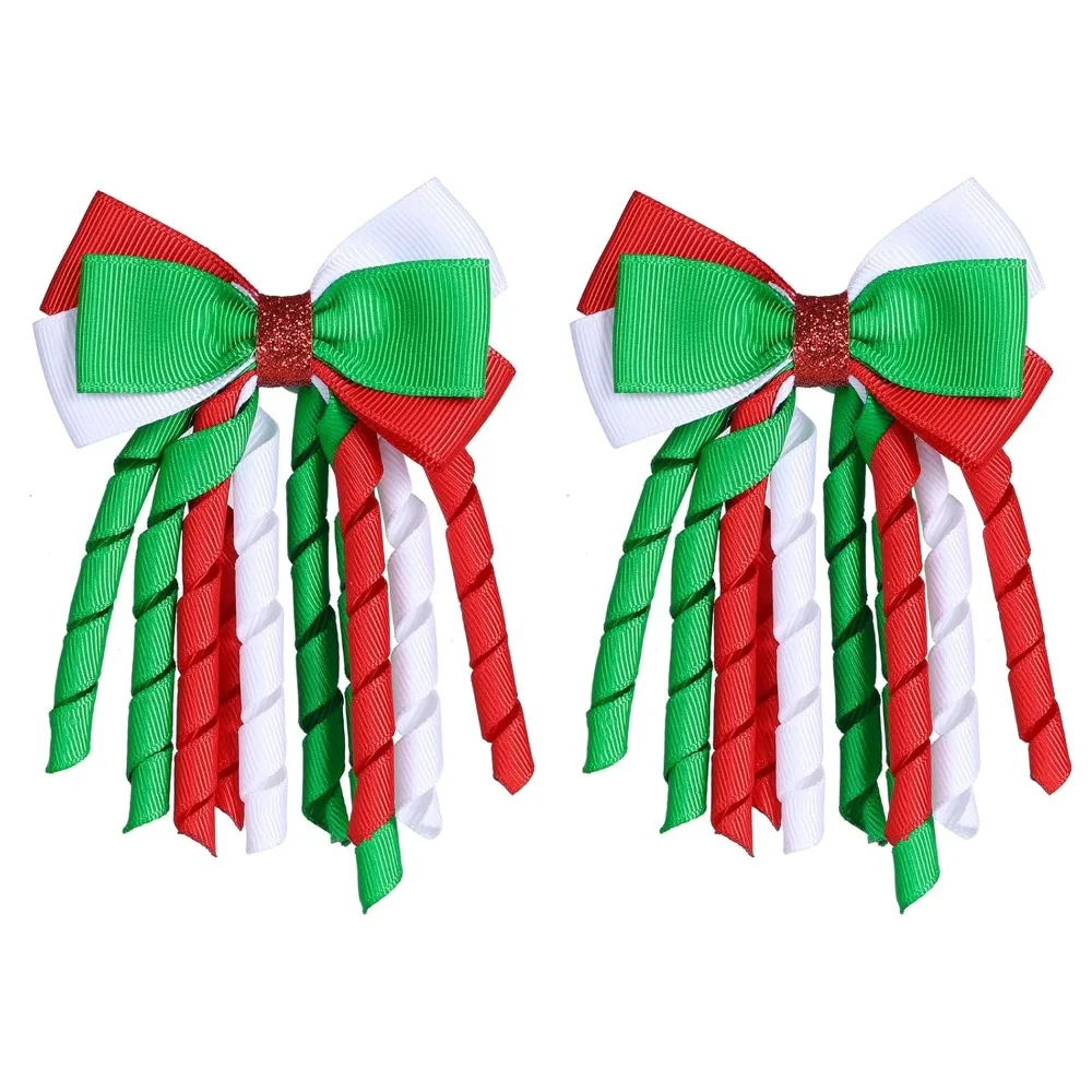

Christmas Hair Bow Clips – 3" Curly Ribbon Barrettes for Girls, Handmade Holiday Party Accessories – Red, Green & White