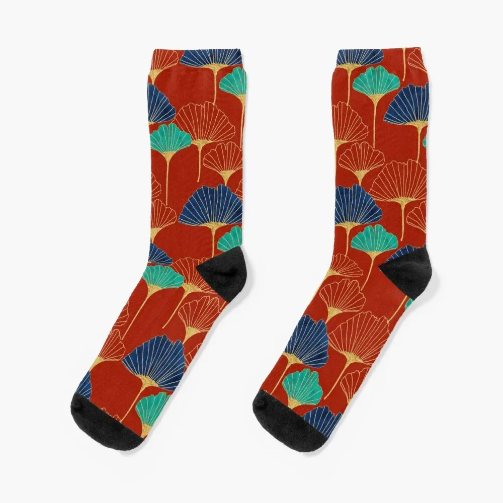 

Gingko Biloba Leaves Abstract Pattern (Red Background) Socks New year's christmas gift Men Socks Women's