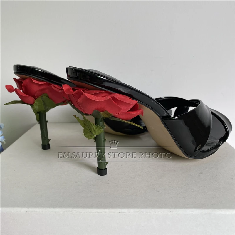 Upward Handmade Rose Flower Heel Sandals Women Luxury Patent Leather Cross Band Slingbacks Summer Mules