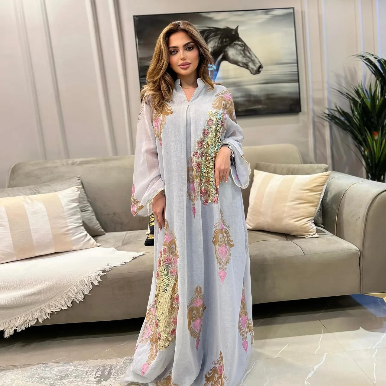 Embroidery Floral Abaya Sequins Dress Muslim Women Party Jalabiya Djellaba Stand V-neck Gown Ramadan Loose Robe Long Caftan Eid