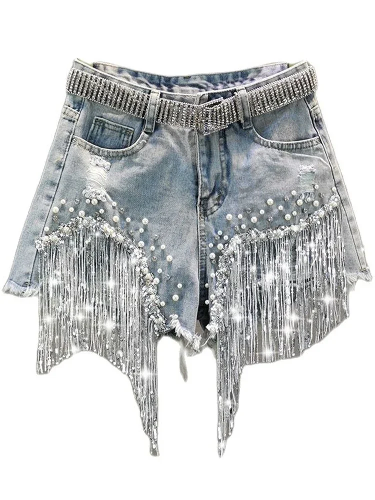 

Summer Elegant Shorts Lady Tassel Beading High Waist Wide Leg Denim Shorts Female Casual Solid Shorts Jeans for Women Clothing