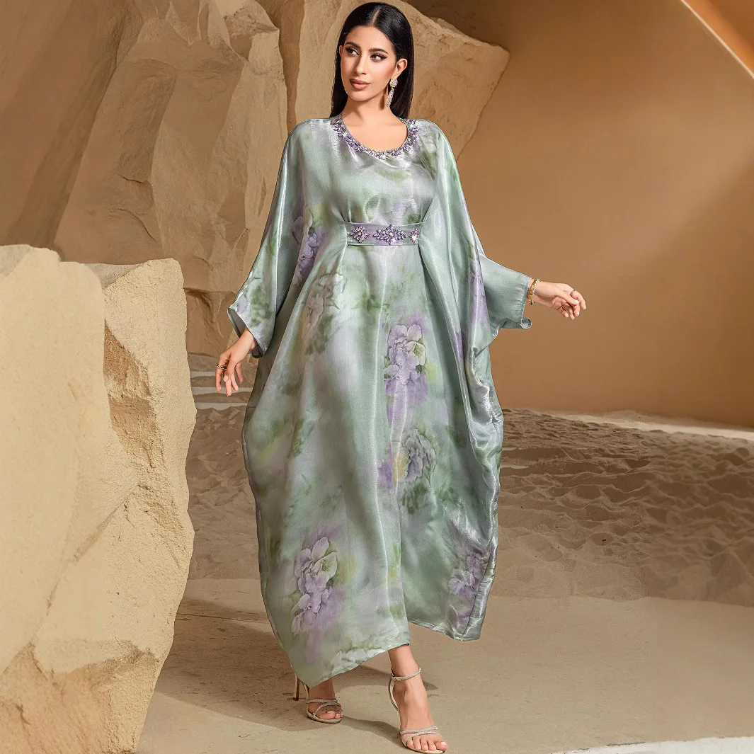 Women's Plus Size Green Printed Elegant Trendy Casual Trendy Daily O-neck Long Sleeve Ankle Length Dresses Female Abaya Sashes