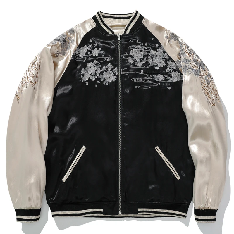 

Satin Embroidered Jacket Yokosuka Wolf Totem men's Baseball Jacket Clip double-sided Wear