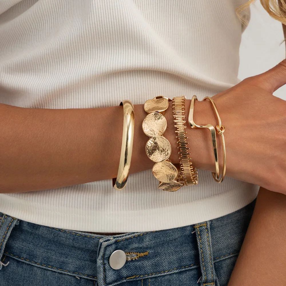 5pcs Hip-hop Punk Irregularly Knotted Open Bracelet Set Fashion Metal Smooth Wavy Layered Bangles for Women Stackable Jewelry