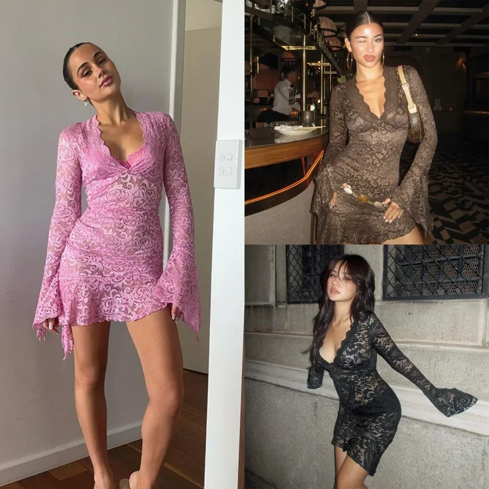 메쉬 플로럴 프린트 V넥 롱 플레어 슬리브 섹시 시스루 맥시 드레스 봄 여성 패션 의류 비치 휴가 클럽