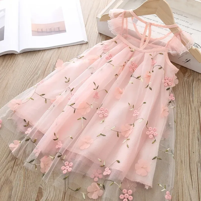 Bear Leader Girls Clothes 2023 Girl Dress New Fashion Princess Clohtings Sweet Flower Embroidery Mesh Dress For 2-6 Years