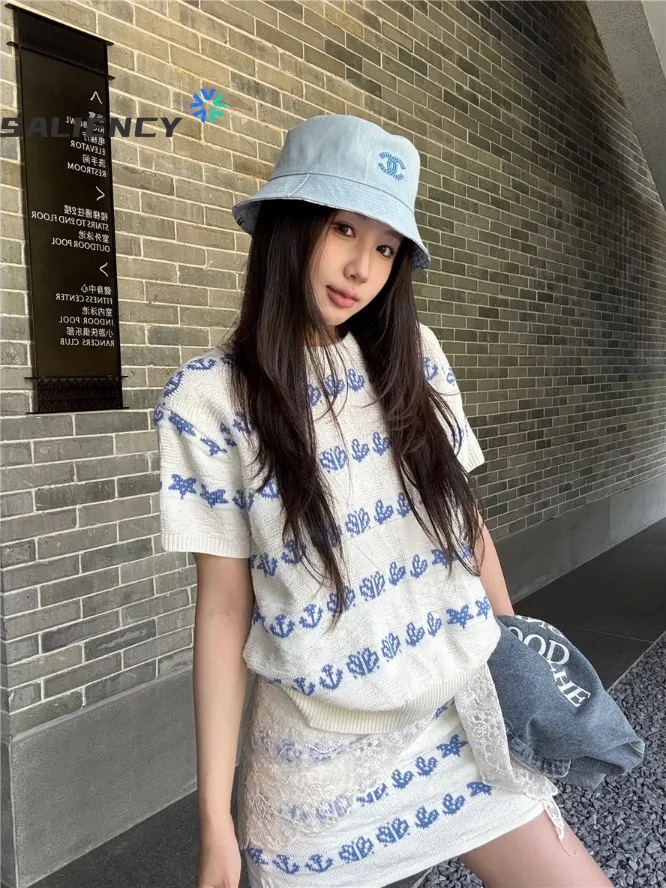 

SALIENCY весна-лето женский пуловер с короткими рукавами и круглым вырезом жаккардовый вязаный топ + короткая юбка с высокой талией джемпер женская одежда