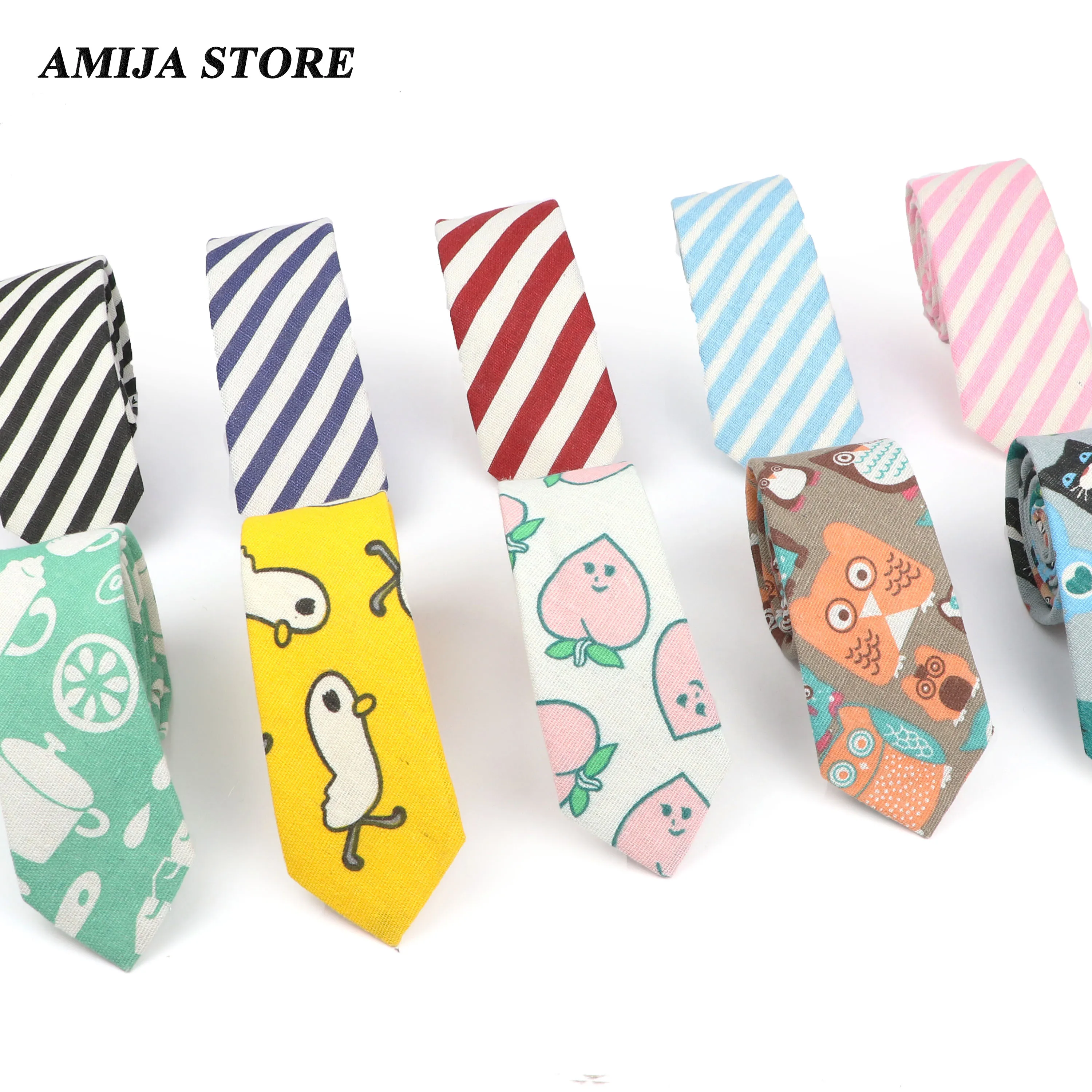 Funny Slim Linen Cartoon Tie Yellow Duck Peach Striped 6cm Printed Narrow Neckties Man Accessories Gentleman Party Daily Wear