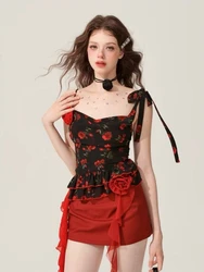 Harajuku Elegant 2 Piece Set Women Sleeveless Floral Crop Tops + Korean Style Red Mini Skirt Beach Style Fashion Outfits Summer