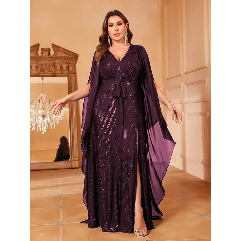 Plus Size 5XLV-Neck Sequined Loose Lace-Up Chiffon Evening Dress Big Size Luxury Floor-Length Banquet Evening Dress For Women