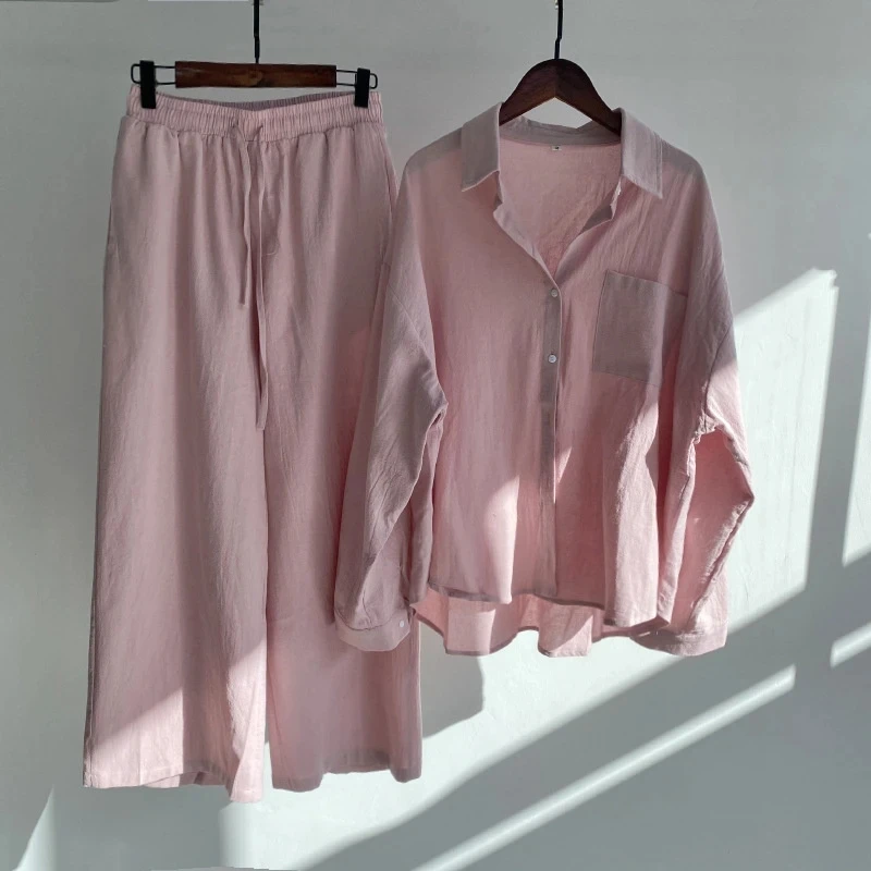 

2023 Women's 2-Piece Set Loose Spring Cotton Linen Button up Korean Shirt Women Set High Waist Loose Pants Outfit Set Drawstring