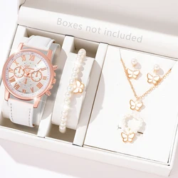 6PCS White Women Watch Fashion Roman Digital Dial Quartz Wristwatch Leather Strap Watch Pearl Butterfly Jewelry Set Gift For Her