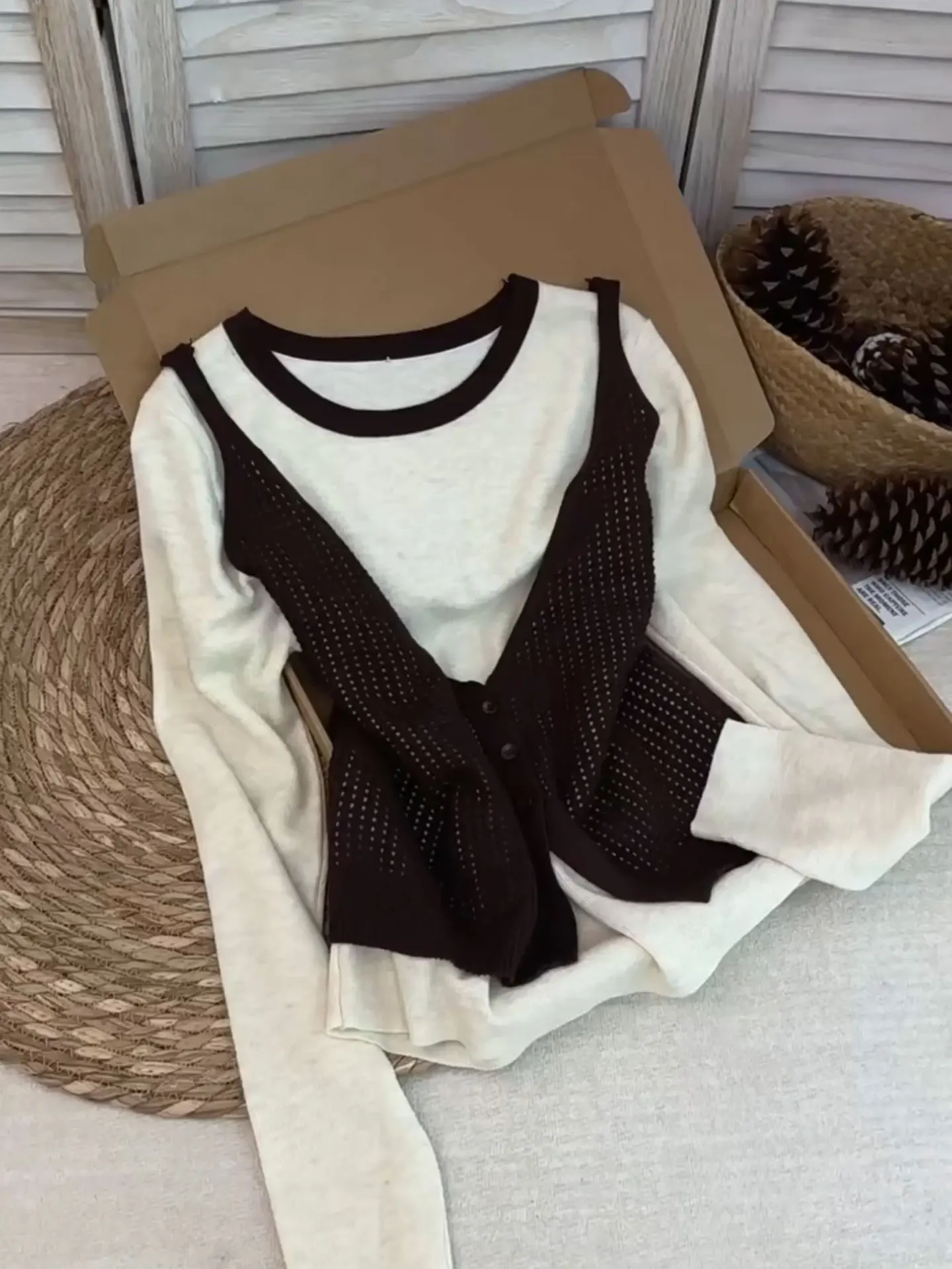 

Женский вязаный комплект из двух предметов, многослойный топ с вырезом, большие размеры, осень-зима, модный сенсатор, прямой крой, длинный све