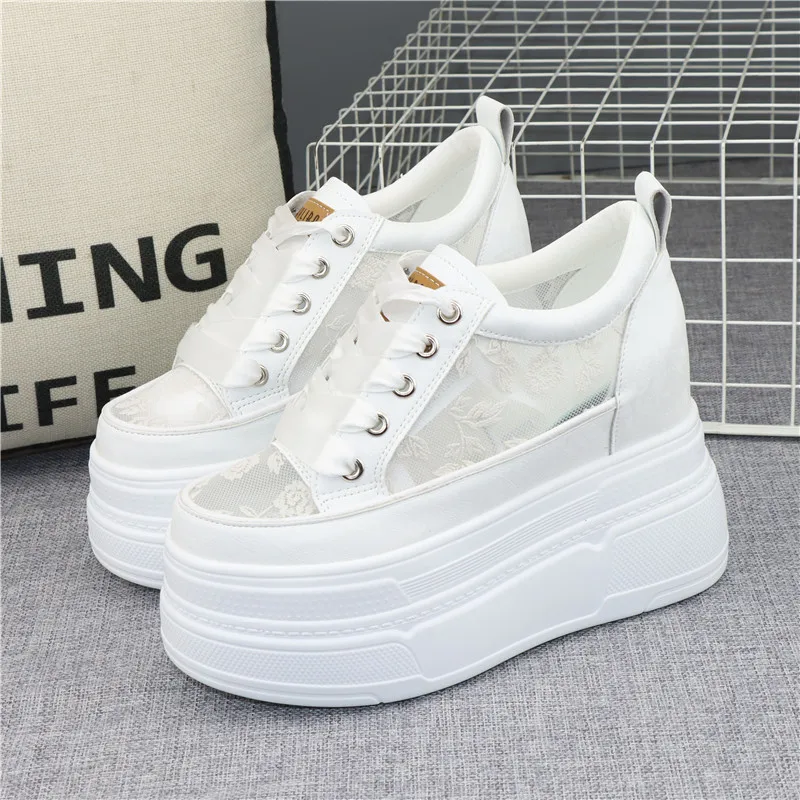 Sommer Damen 12 cm unsichtbare, höhenvergrößernde, dicke, geneigte Absätze, Freizeitschuhe aus Mesh-Gewebe