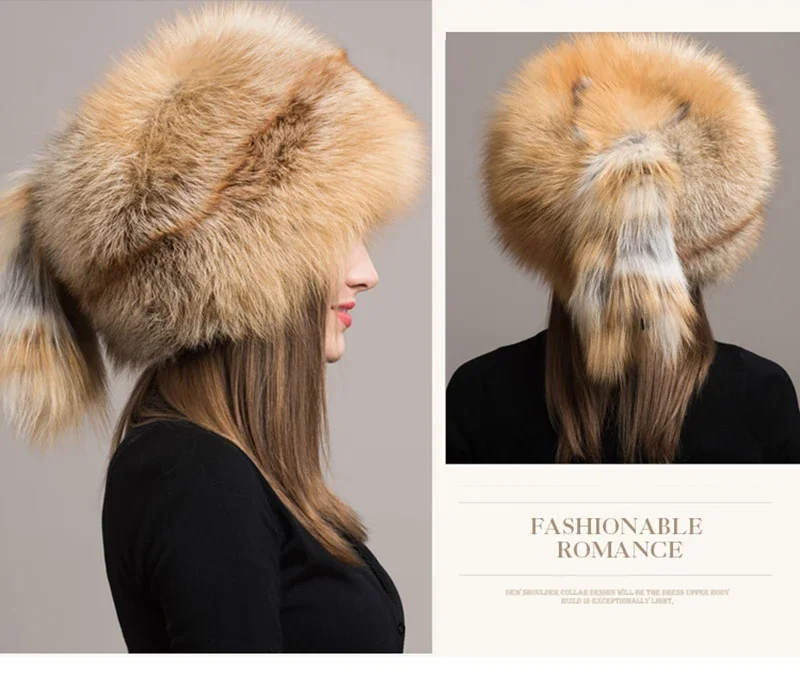 Winter Damen Echtpelz-Mütze Natürliche Modische Fuchspelz-Hüte Kopfbedeckung Russische Outdoor-Kappe Damen Verdickte Warme Pelzmützen – Detail 9