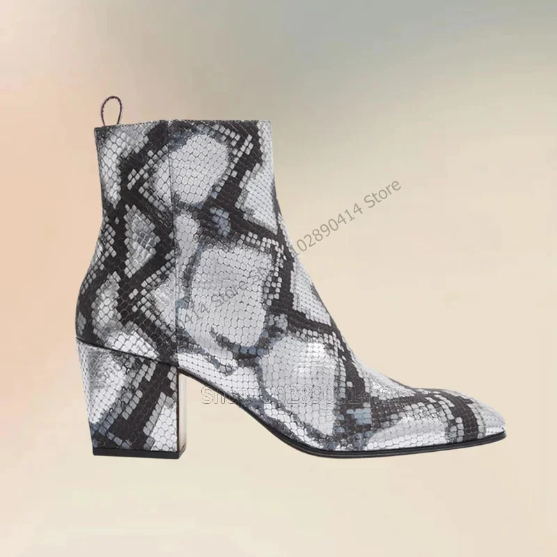 

Black Gray Snakeskin Print Ankle Boots Fashion Side Zipper Men Boots Luxurious Handmade Chunky High Heels Party Men Casual Shoes