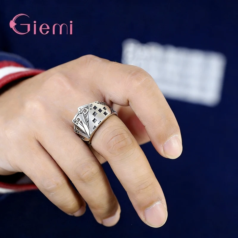 Genuine 925 Sterling Silver Straight Flush Playing Card Pattern Open Finger Rings For Women Wedding Party Korea Style Jewelry