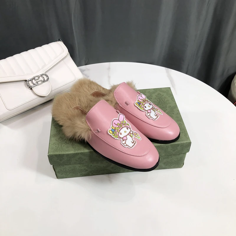 Embroider Bear Cartoon Soft Casual Real Fur Mullers Sandals New Slipper Women leather Flat Backless Loafers Ladies Outdoor shoes