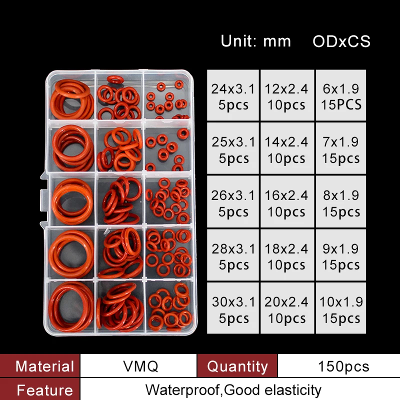 VMQ NBR Seal Ring Silicone Kit Thickness 1.9 / 2.4 / 3.1mm Nitrile Rubber NBR O-Ring Gasket Sealing O Rings Rubber Kit Set-.-