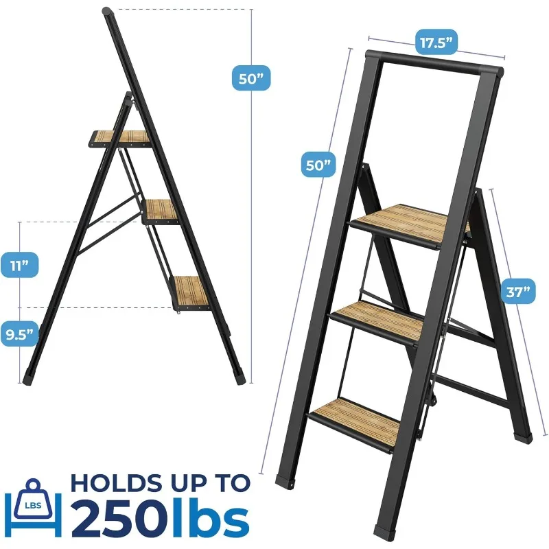 Step Ladder 3 Step Folding, Decorative - Beautiful Bamboo & Black Aluminum, Ultra Slim Profile, Anti Slip Steps, Sturdy-Portable