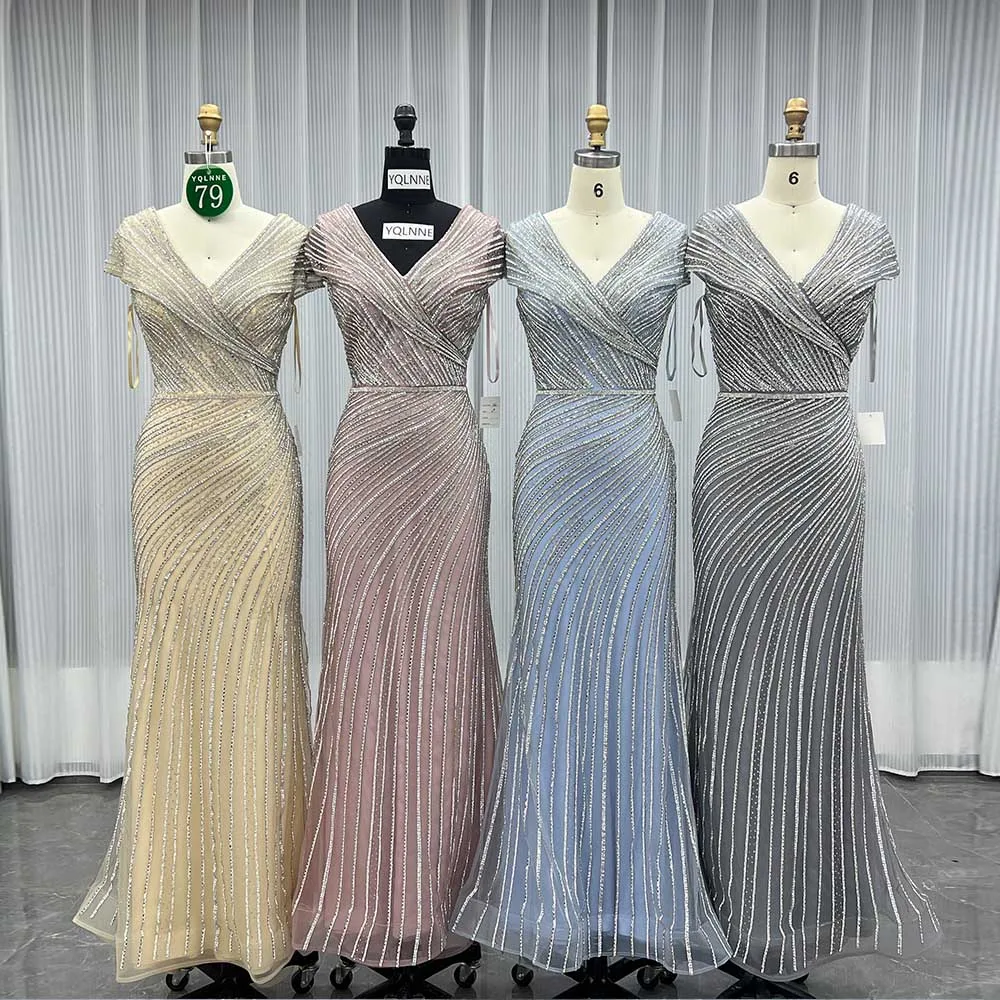 

YQLNNE 079 Элегантные бежевые вечерние платья с кристаллами и короткими рукавами Вечернее платье