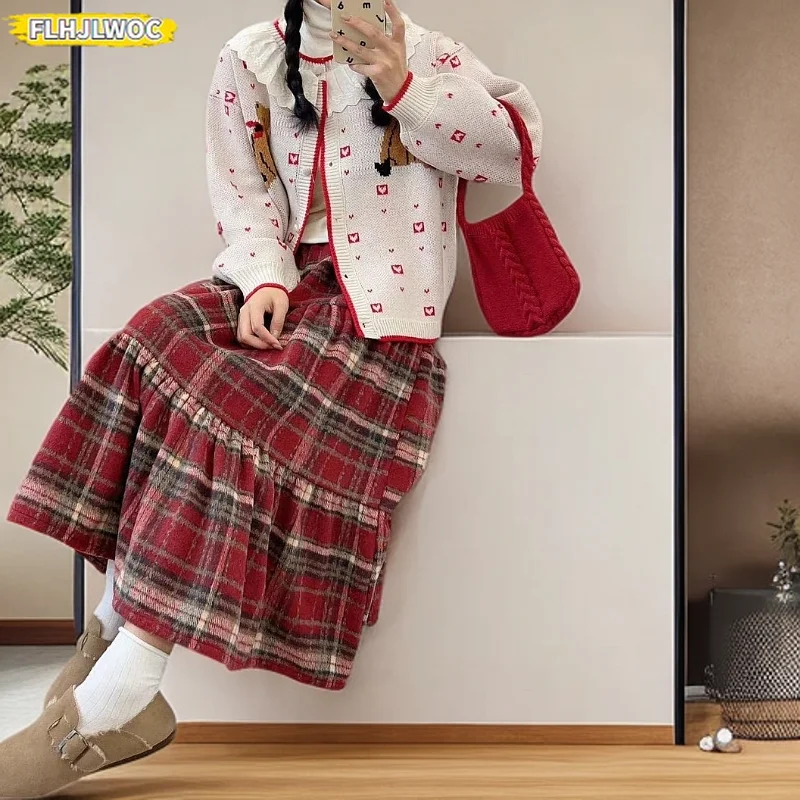 New Year Red Skirt 2025 Spring Women Casual Cute Sweet Mori Girls Retro Vintage Long Skirts